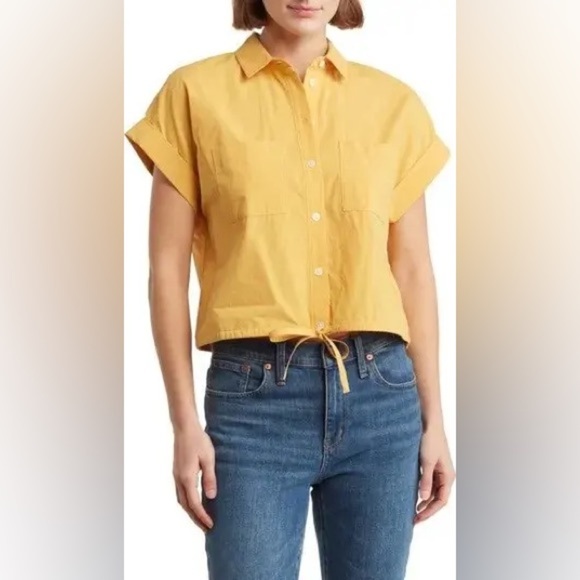 Madewell Drawstring Poplin Yellow Button-Up Shirt Medium - Picture 1 of 8